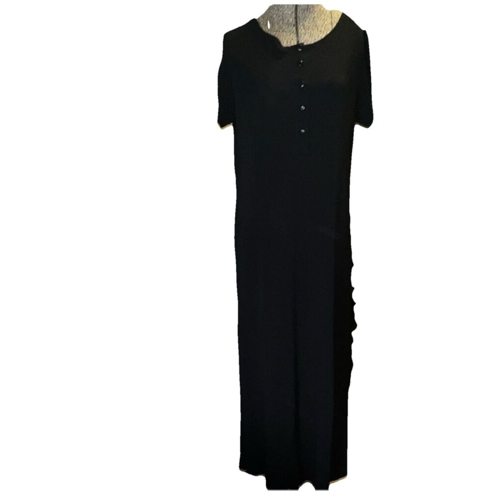 DKNY Black Solid Overall Dress Button Front Short Sleeve Round Neck Long